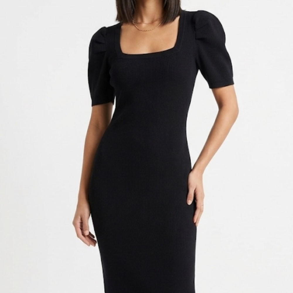DKNY Black Ribbed Knit Dress Square Neck Puff Sleeve Short Sleeve Midi Size L